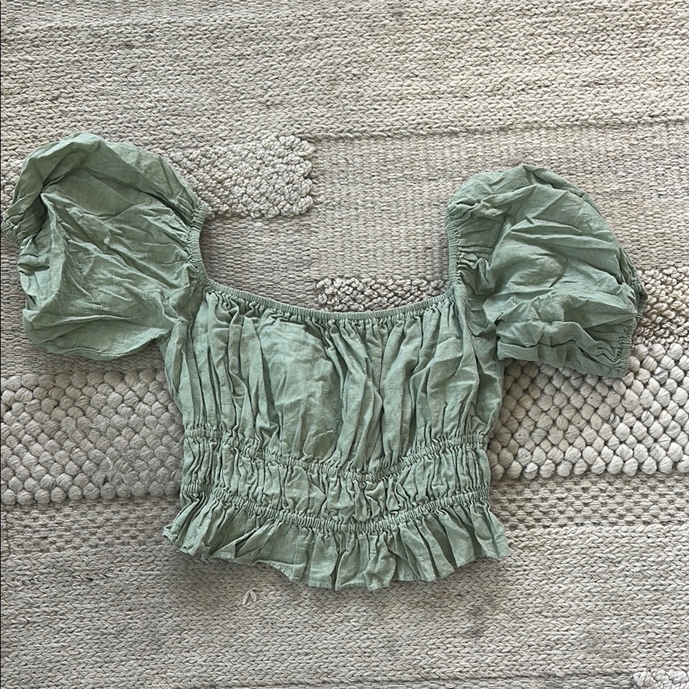 Privacy Please Green Puff Sleeve Smocked Blouse